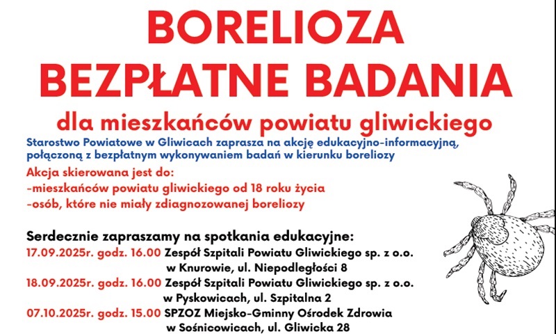 Uwaga pyskowiczanie! Powiat gliwicki zaprasza na bezpłatne badania w kierunku boreliozy